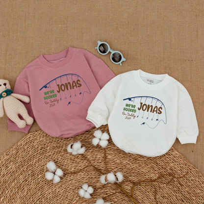 Personalized Hooked on Daddy Twins Father's Day Romper Bodysuit with Fishing Rod Navy Green Design Newborn Infant Baby Gift