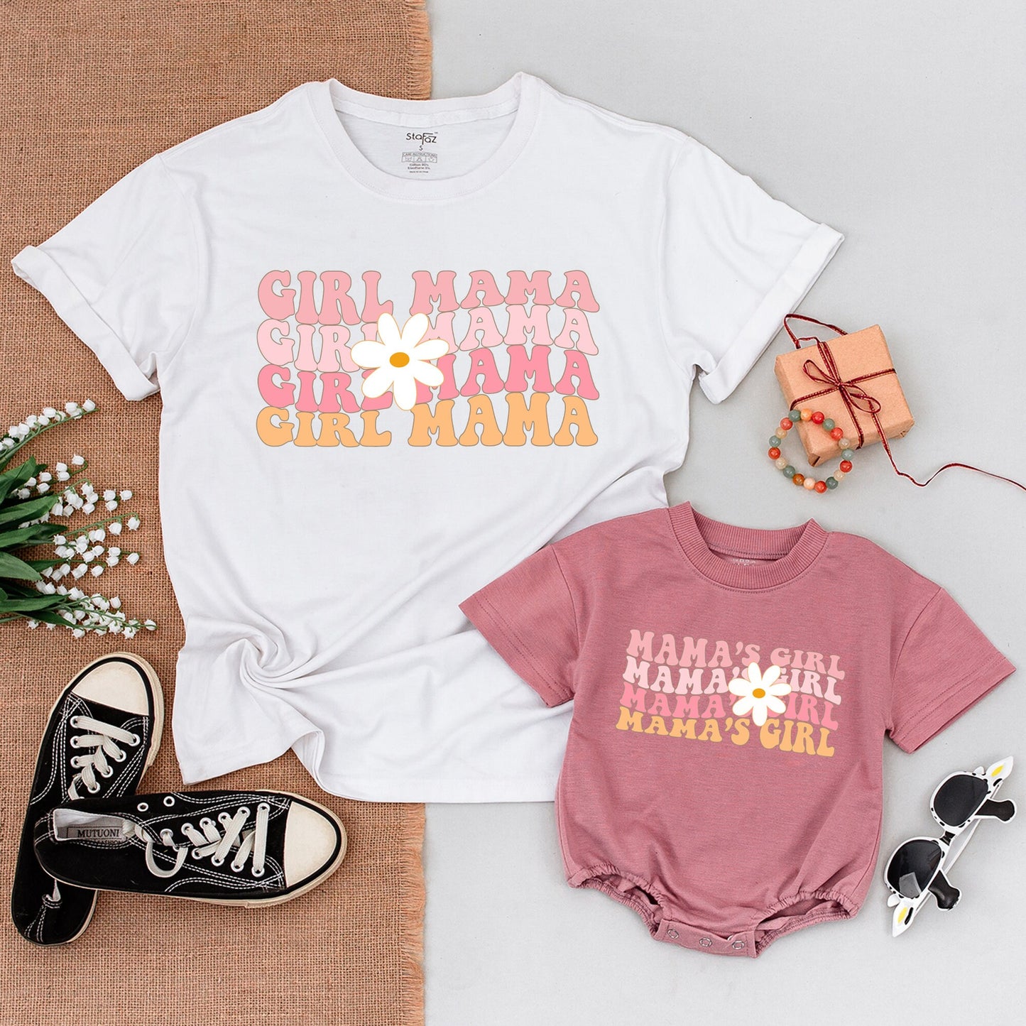 Matching Daisy Mama and Mini Shirts, Girl's Floral Retro Outfit, Mommy and Me Baby Bodysuit, Gift for Mama, Daughter Birthday, Baby Girl Clothes