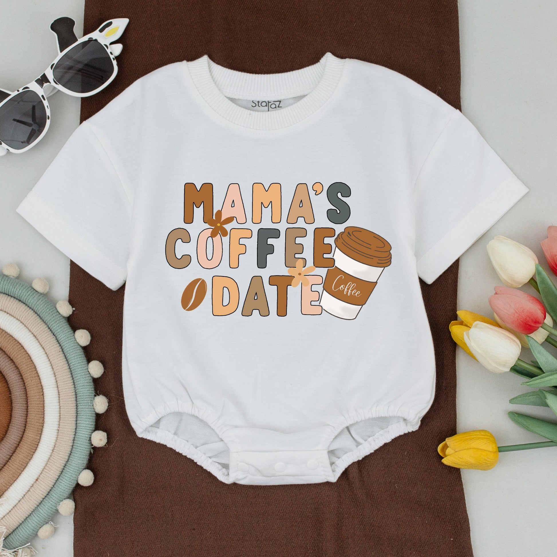 Mama Needs Coffee Matching Shirt Set: Boho Mommy and Me Outfits, Retro Mamas Coffee Date Baby Bodysuit, Earthy Tones, Coffee Lover Gift, Natural Apparel (139)