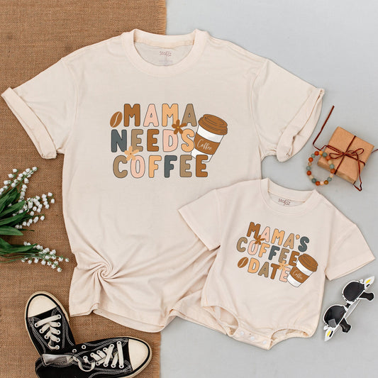 Mama Needs Coffee Matching Shirt Set: Boho Mommy and Me Outfits, Retro Mamas Coffee Date Baby Bodysuit, Earthy Tones, Coffee Lover Gift, Natural Apparel (139)