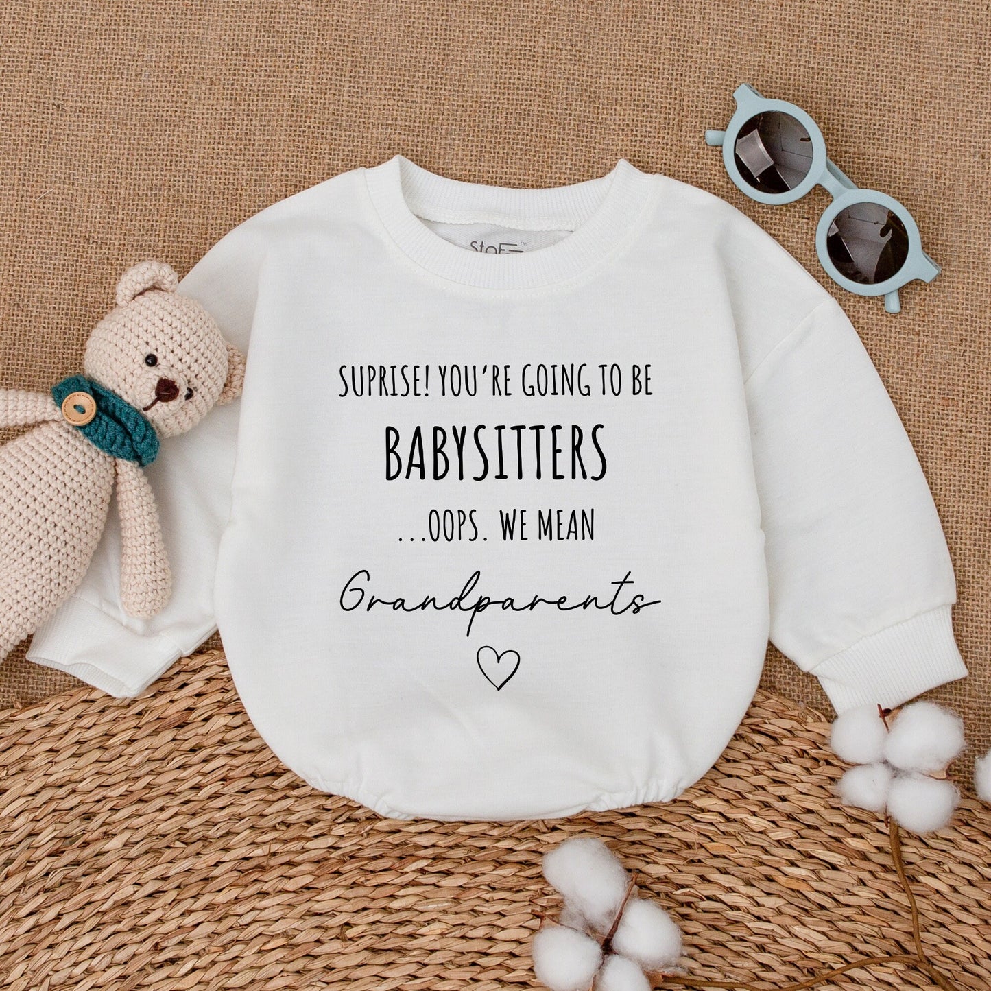 Surprise Grandparents Baby Announcement Bodysuit Funny Reveal Romper New Baby Gift Grandparents-to-Be Modern Minimalist Black Lettering Heart Design