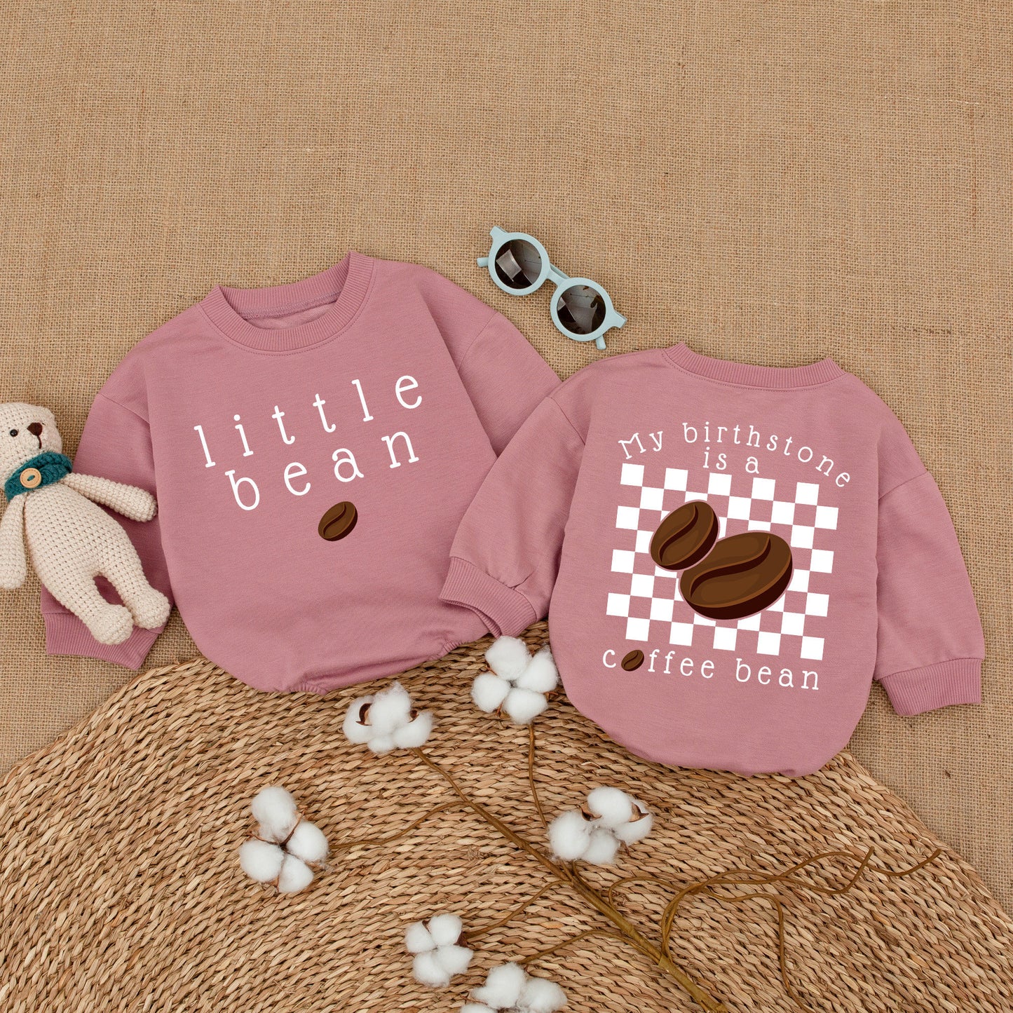 Little Bean Coffee Baby Bodysuit & My Birthstone Coffee Bean Romper Set Minimalist Newborn Unisex Baby Outfit with Checkered Print