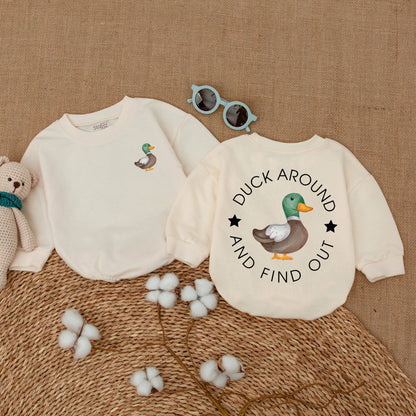 Duck Around and Find Out Funny Baby Romper Bodysuit Whimsical Duckling Infant Outfit Trending Animal Design Brown Green Orange Gift