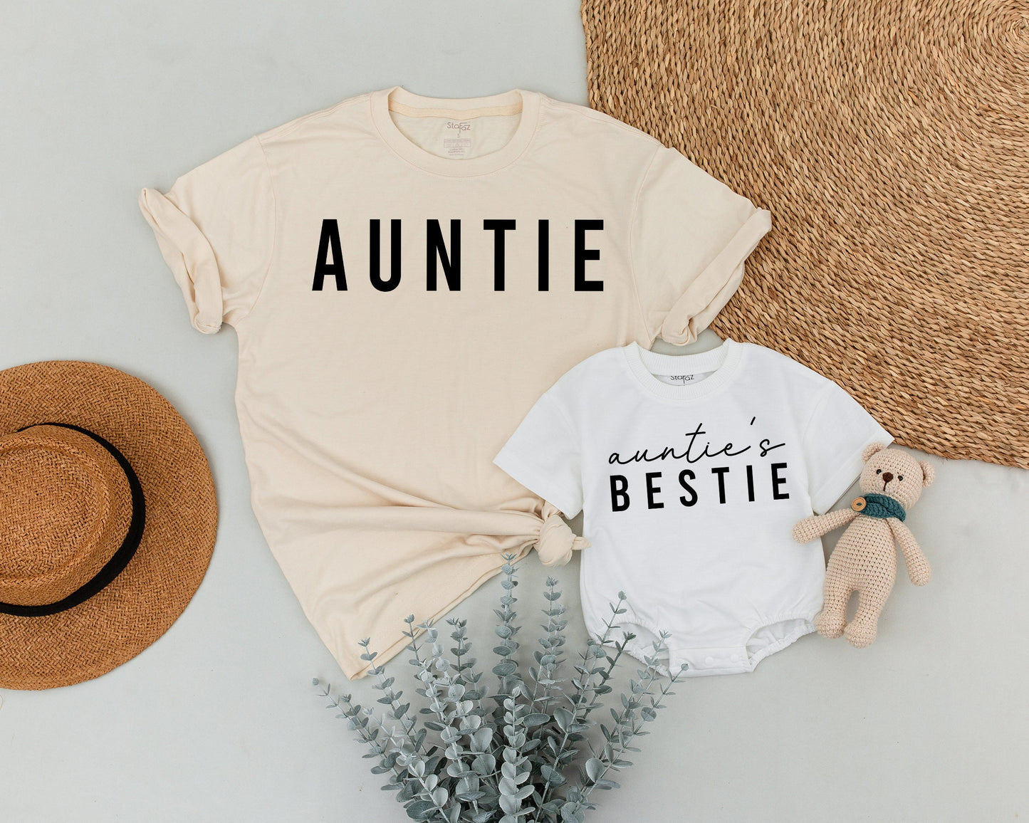 Personalized Auntie Bestie Matching Shirts for Baby Niece Nephew Modern Minimalist Black Text Design Soft Cotton Family Gift