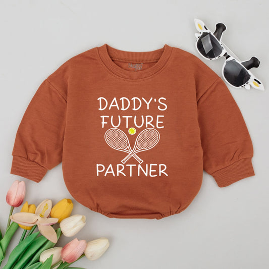 Daddy's Future Tennis Partner Baby Romper Bodysuit for infants, adorable sports outfit with rackets & ball, perfect First Father's Day gift or Baby Shower