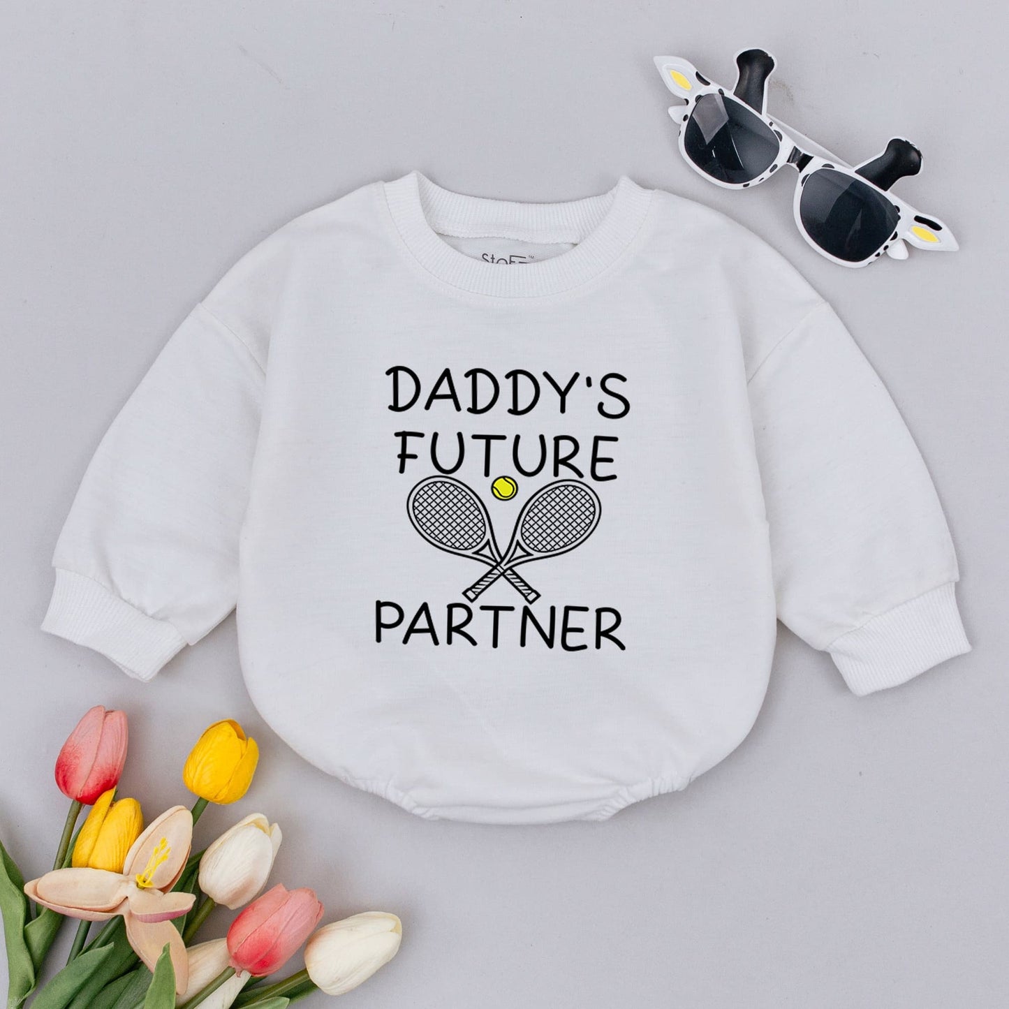 Daddy's Future Tennis Partner Baby Romper Bodysuit for infants, adorable sports outfit with rackets & ball, perfect First Father's Day gift or Baby Shower