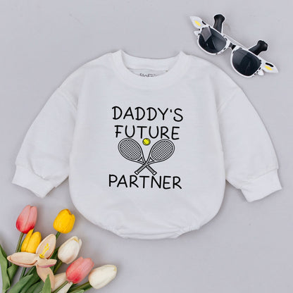 Daddy's Future Tennis Partner Baby Romper Bodysuit for infants, adorable sports outfit with rackets & ball, perfect First Father's Day gift or Baby Shower
