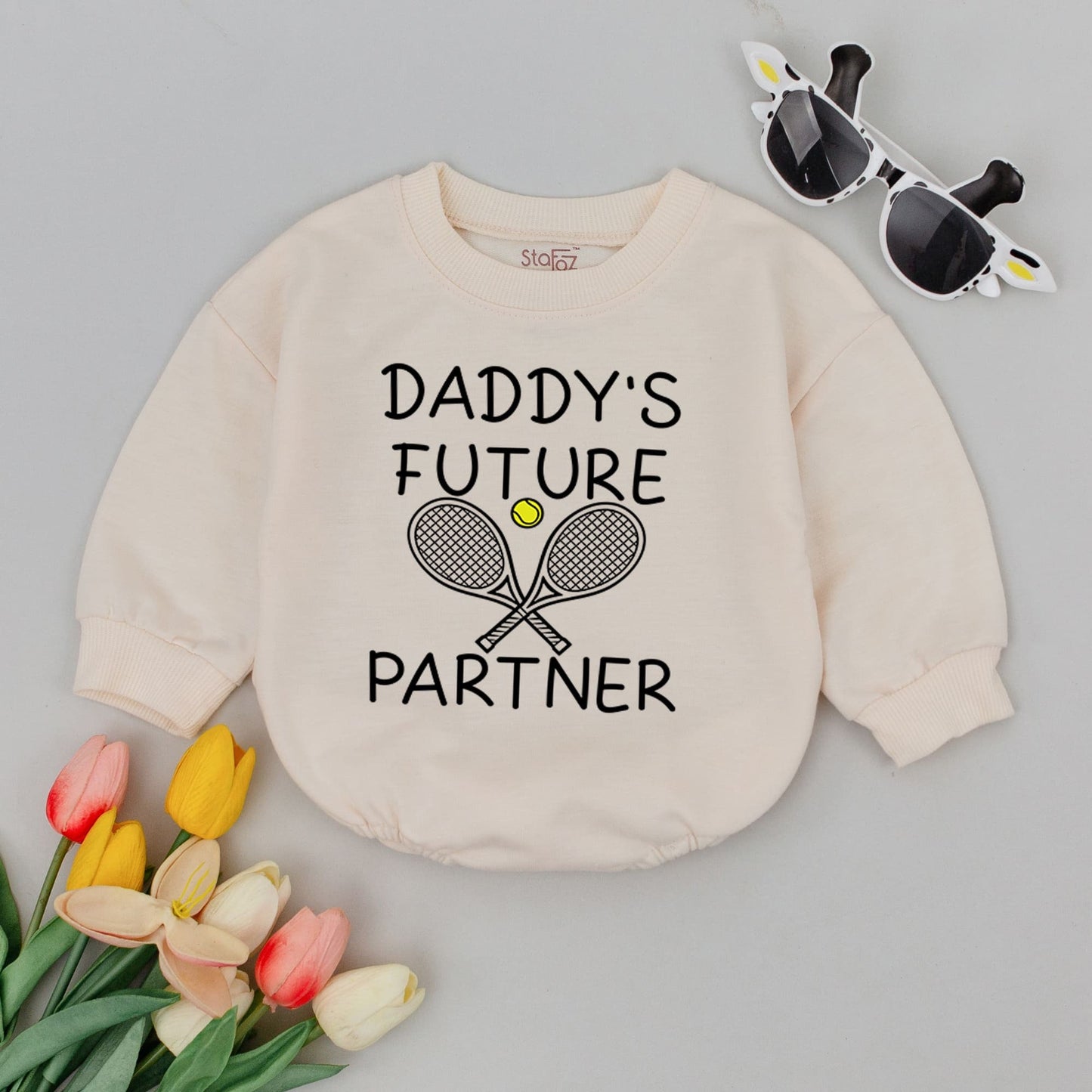 Daddy's Future Tennis Partner Baby Romper Bodysuit for infants, adorable sports outfit with rackets & ball, perfect First Father's Day gift or Baby Shower