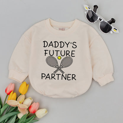 Daddy's Future Tennis Partner Baby Romper Bodysuit for infants, adorable sports outfit with rackets & ball, perfect First Father's Day gift or Baby Shower