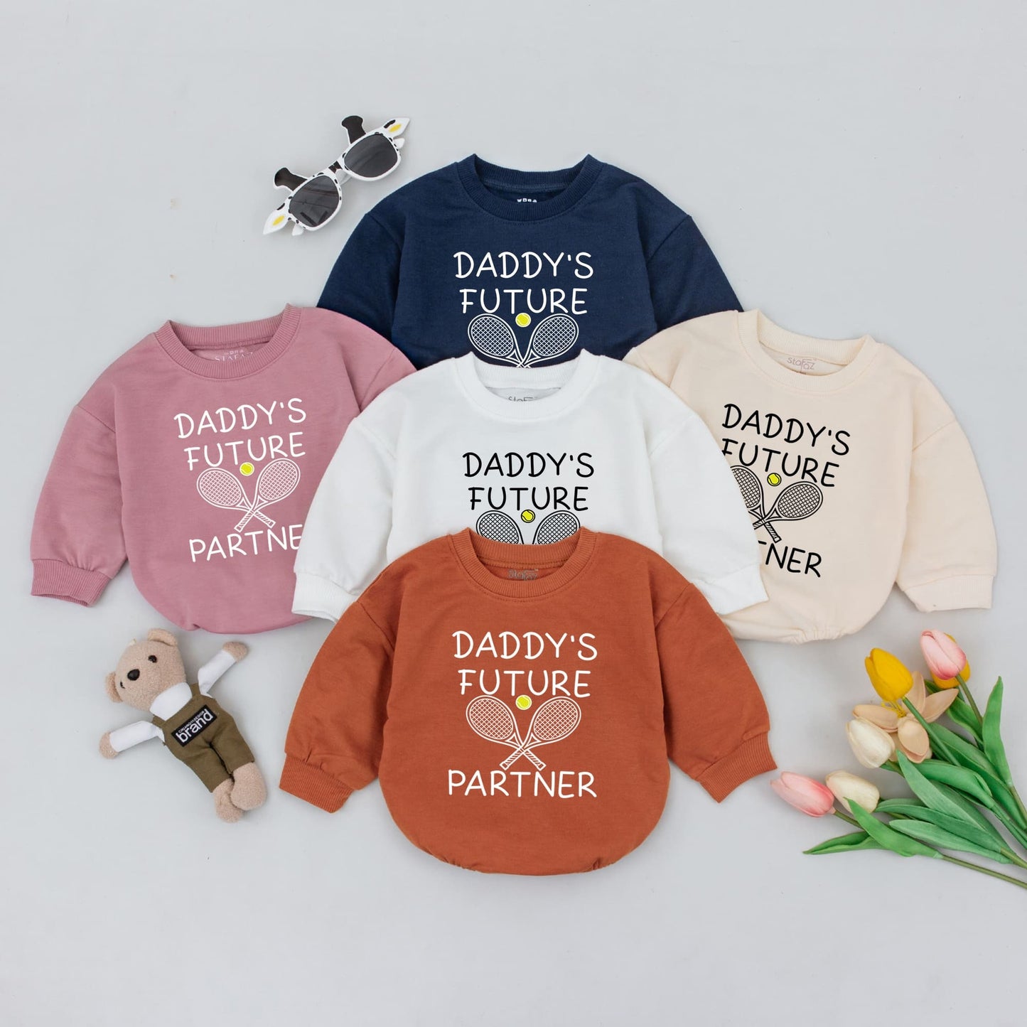 Daddy's Future Tennis Partner Baby Romper Bodysuit for infants, adorable sports outfit with rackets & ball, perfect First Father's Day gift or Baby Shower