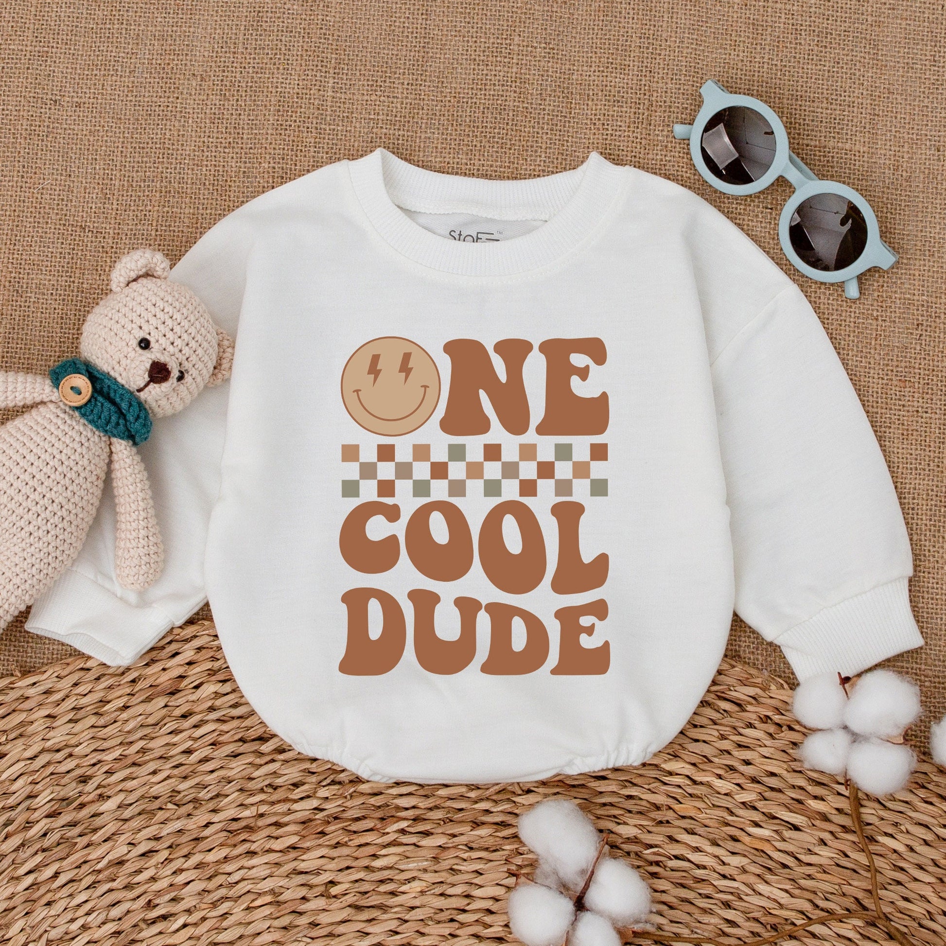 One Cool Dude Baby Romper Bodysuit First Birthday Outfit Smiley Face Design Checkerboard Pattern Soft Cotton Newborn Cake Smash Gift