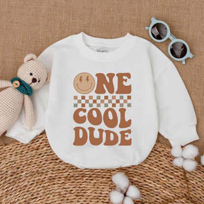 One Cool Dude Baby Romper Bodysuit First Birthday Outfit Smiley Face Design Checkerboard Pattern Soft Cotton Newborn Cake Smash Gift
