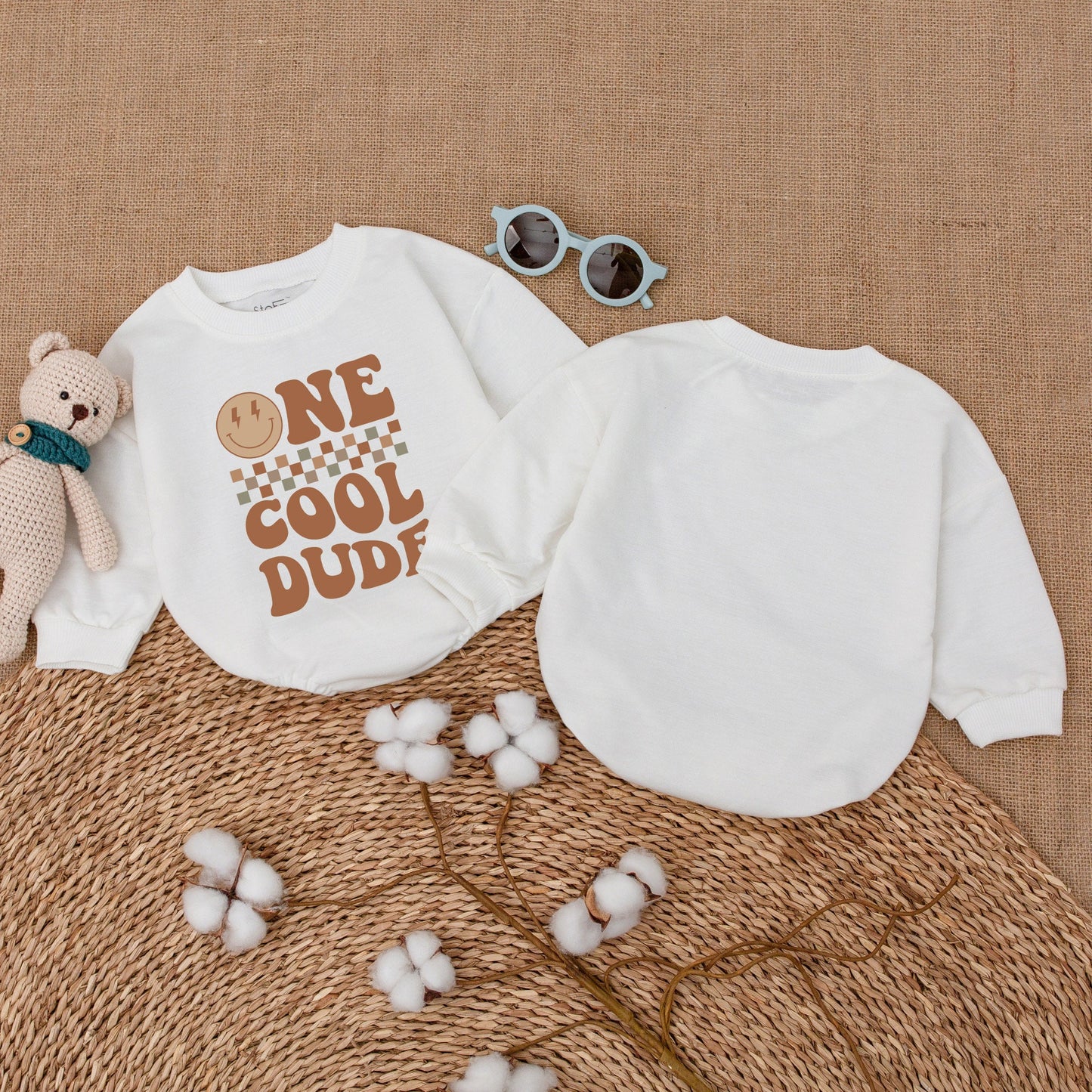 One Cool Dude Baby Romper Bodysuit First Birthday Outfit Smiley Face Design Checkerboard Pattern Soft Cotton Newborn Cake Smash Gift
