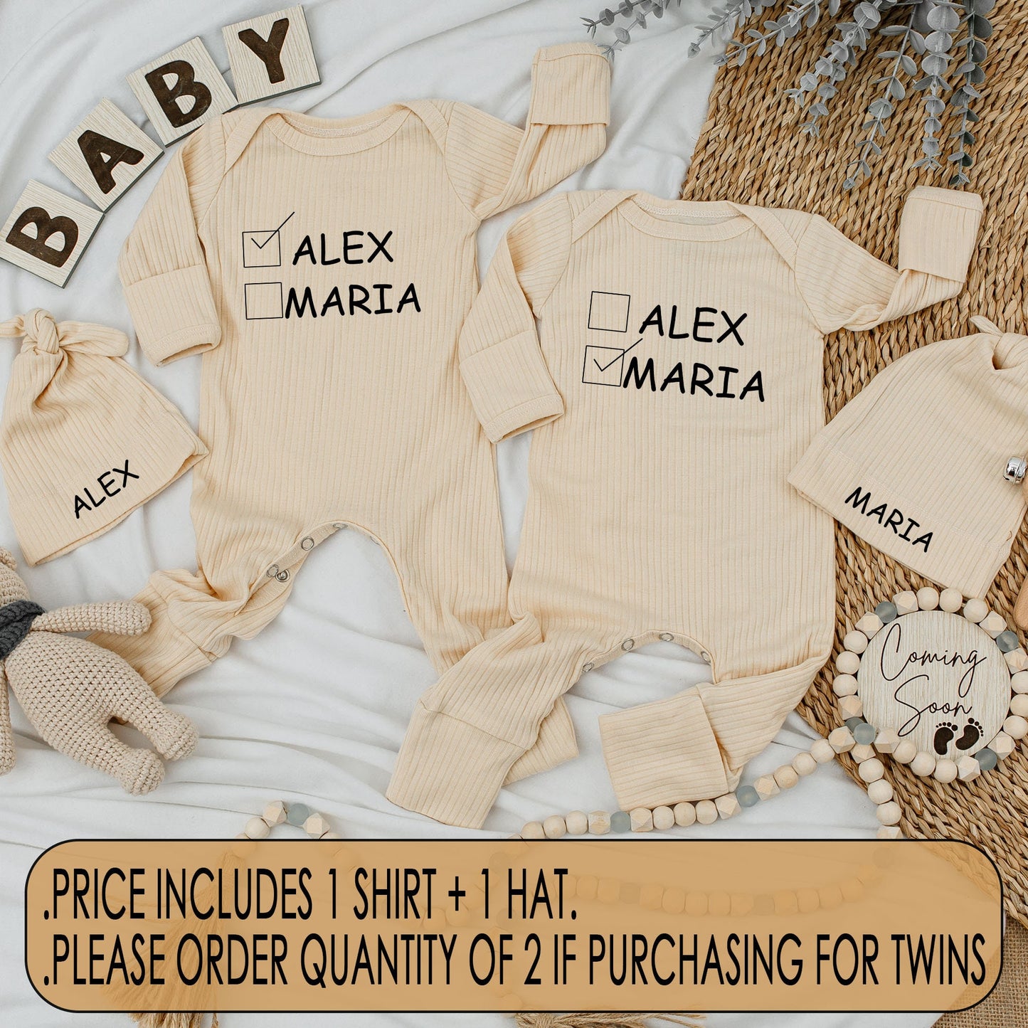 Baby Twin Outfits, Cute Alex Maria Checkbox Name Twin Baby Bodysuit and Hat Set, Newborn Twin Shower Gift 