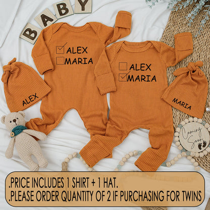 Baby Twin Outfits, Cute Alex Maria Checkbox Name Twin Baby Bodysuit and Hat Set, Newborn Twin Shower Gift 