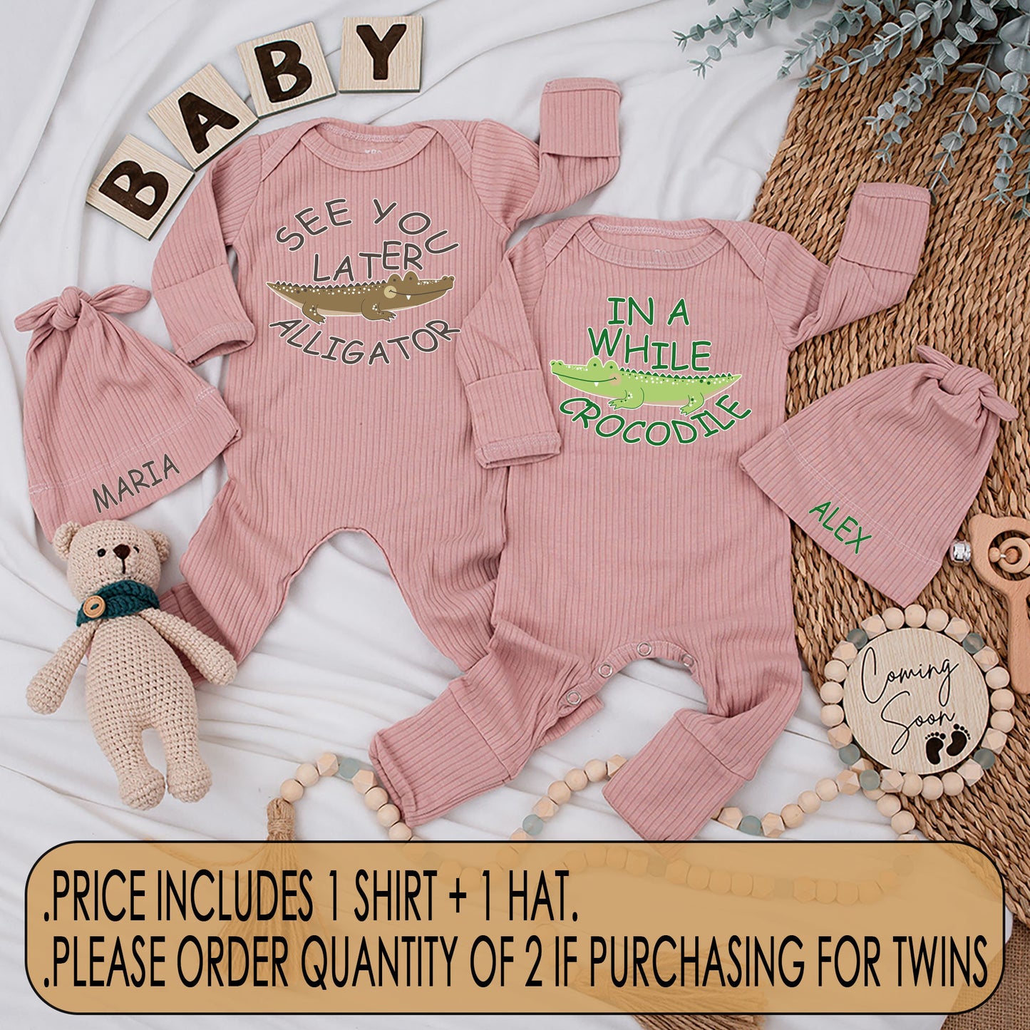 Cute Matching Twin Baby Bodysuit and Hat Set See You Later Alligator In A While Crocodile Newborn Soft Cotton Best Friends Gift