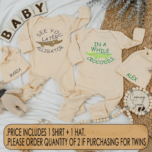 Cute Matching Twin Baby Bodysuit and Hat Set See You Later Alligator In A While Crocodile Newborn Soft Cotton Best Friends Gift