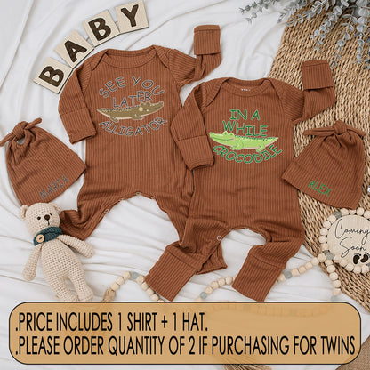 Cute Matching Twin Baby Bodysuit and Hat Set See You Later Alligator In A While Crocodile Newborn Soft Cotton Best Friends Gift