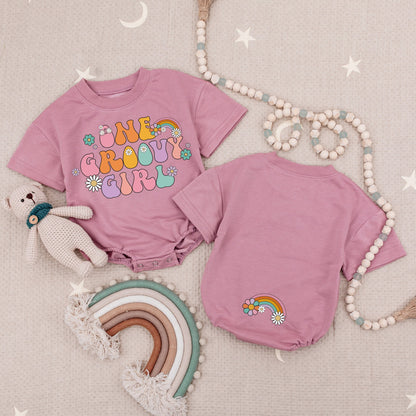 One Groovy Girl 1st Birthday Outfit Baby Romper Set, Retro Flower Power First Birthday Girl Clothes, 70s Birthday Bodysuit, Cheerful Outfit  (140 chars)