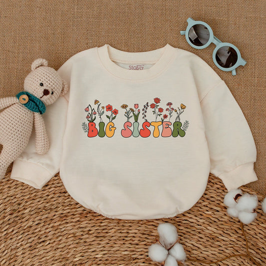 Big Sister Floral Romper Baby Girl Outfit Pregnancy Announcement Gift Big Sis Bubble Bodysuit Wildflower Baby Shower Present