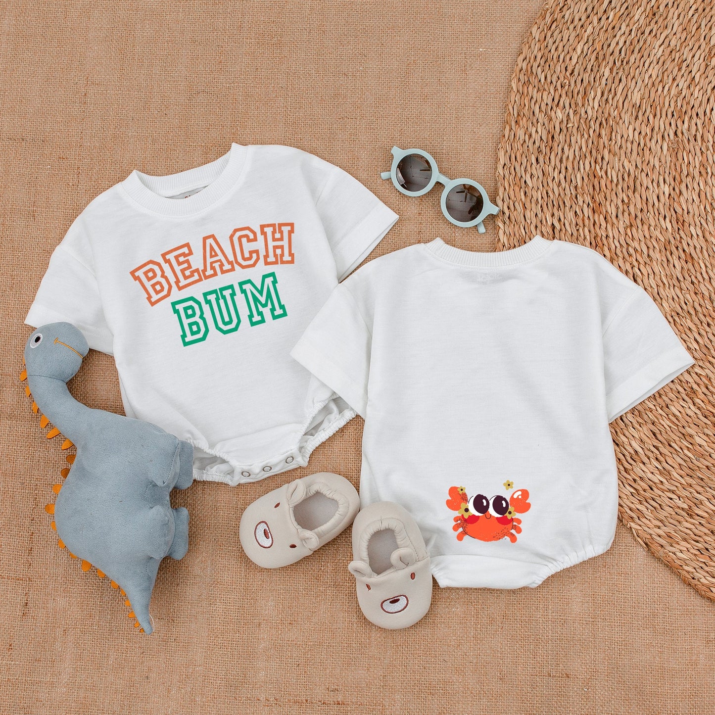 Beach Bum Baby Girl Bubble Romper Orange Green Collegiate Font Summer Outfit Baby Shower Gift