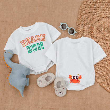 Beach Bum Baby Girl Bubble Romper Orange Green Collegiate Font Summer Outfit Baby Shower Gift