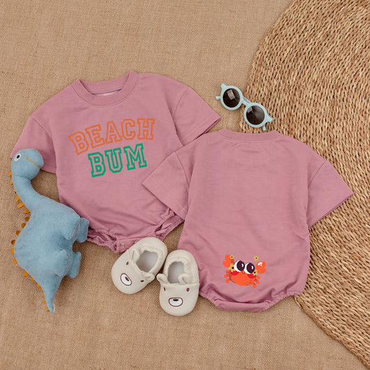 Beach Bum Baby Girl Bubble Romper Orange Green Collegiate Font Summer Outfit Baby Shower Gift