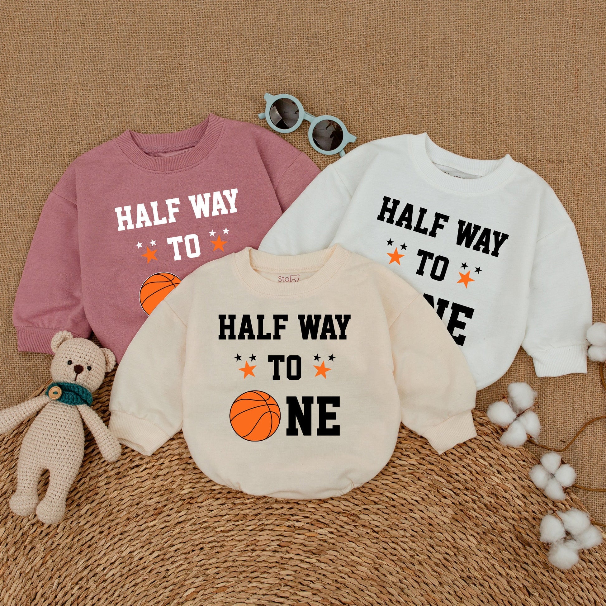 Half Way to One Basketball Romper, 6 Months Birthday Outfit for Baby Boy with Custom Name, Sports Theme, Playful 1/2 Design