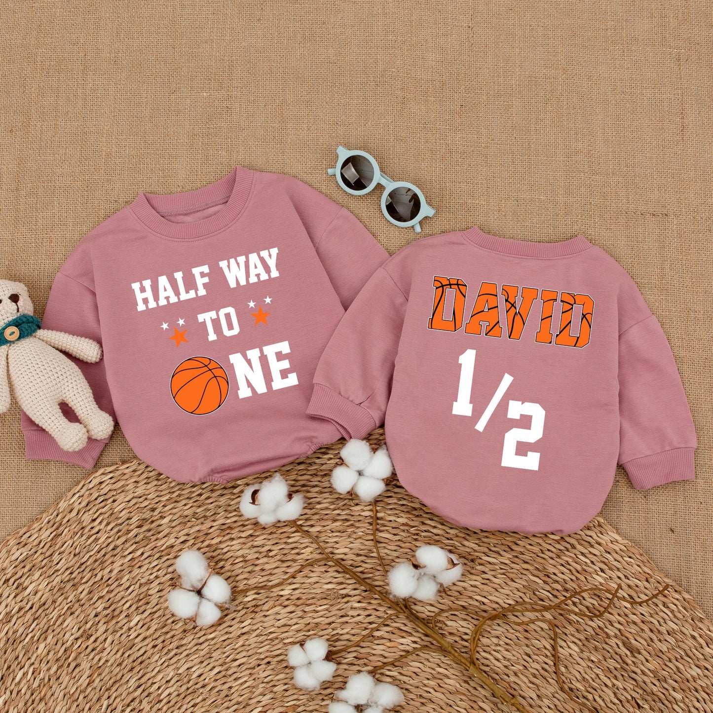 Half Way to One Basketball Romper, 6 Months Birthday Outfit for Baby Boy with Custom Name, Sports Theme, Playful 1/2 Design