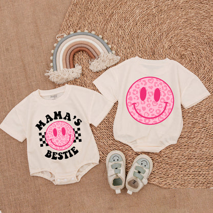 Mommy & Me Mama's Bestie Pink Smiley Face Romper Leopard Print Checkered Baby Girl Outfit Soft Cotton Mother's Day Gift