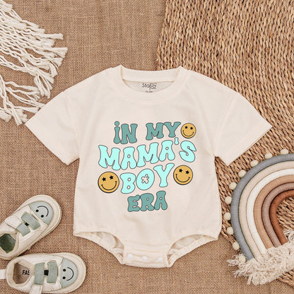 Mama's Boy Era Baby Romper with Blue Teal Smiley Face Design Cheerful Vintage Infant Bodysuit Soft Cotton Baby Shower Gift Coming Home Outfit