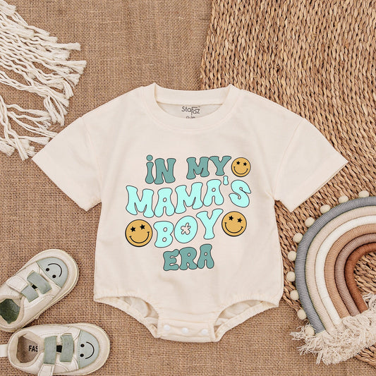 Mama's Boy Era Baby Romper with Blue Teal Smiley Face Design Cheerful Vintage Infant Bodysuit Soft Cotton Baby Shower Gift Coming Home Outfit