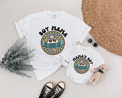 Personalized Matching Boy Mama Son Shirts Retro Skateboard Groovy Mom & Me Outfit Checkerboard Smiley Face Vintage Family Birthday Celebration Set
