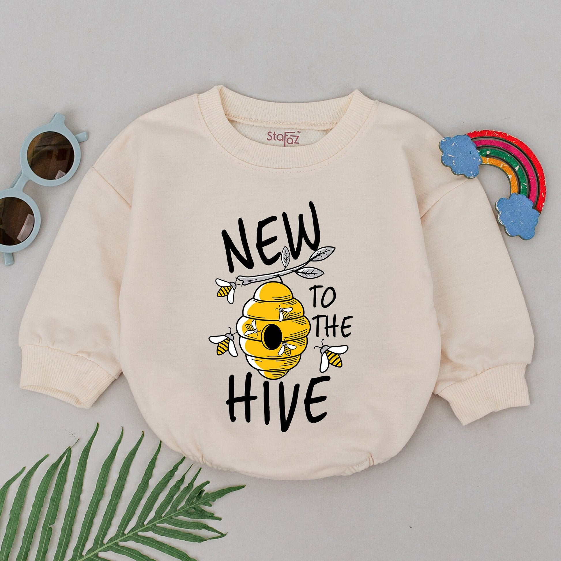 New to the Hive Baby Romper Cheerful Beehive & Buzzing Cartoon Bees Design for Girls Boys Newborn Baby Shower Gift Announcement Outfit Coming Home