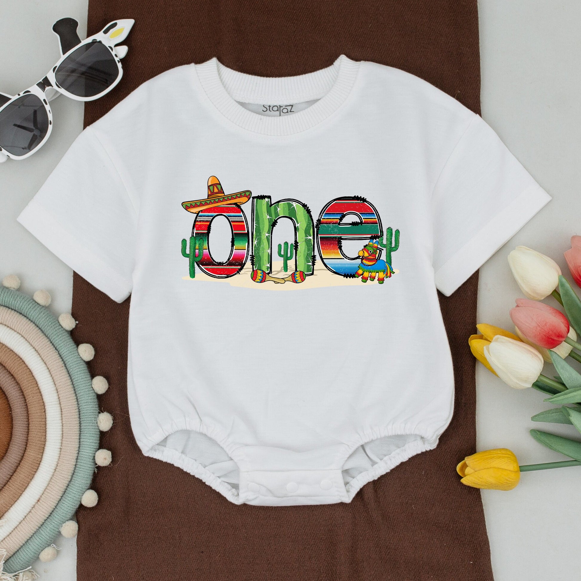 My First Fiesta Birthday Family Matching Outfits with Vibrant Mexican Cacti Pinata Stripe Design Baby One Mama Dada Brother Shirts
