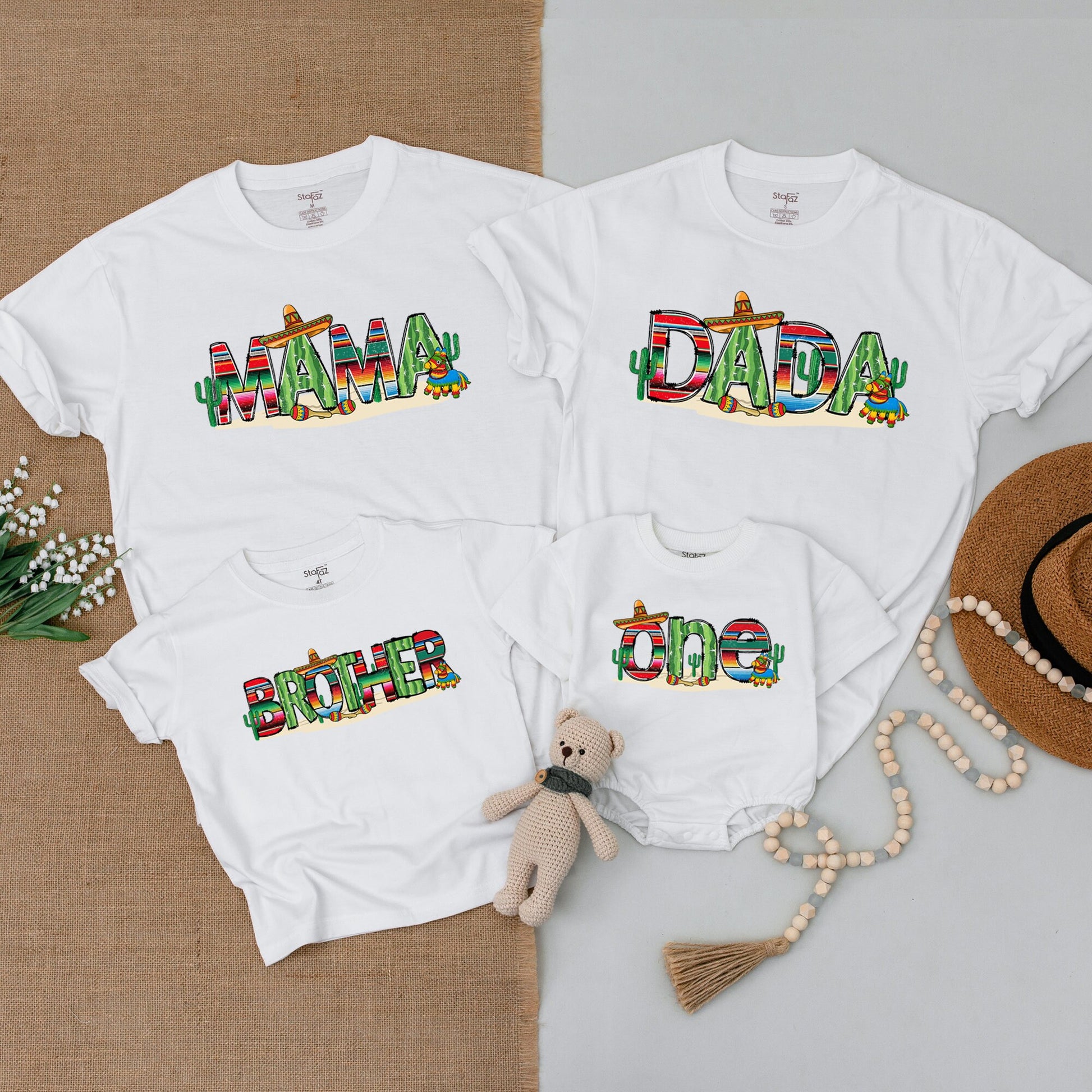 My First Fiesta Birthday Family Matching Outfits with Vibrant Mexican Cacti Pinata Stripe Design Baby One Mama Dada Brother Shirts