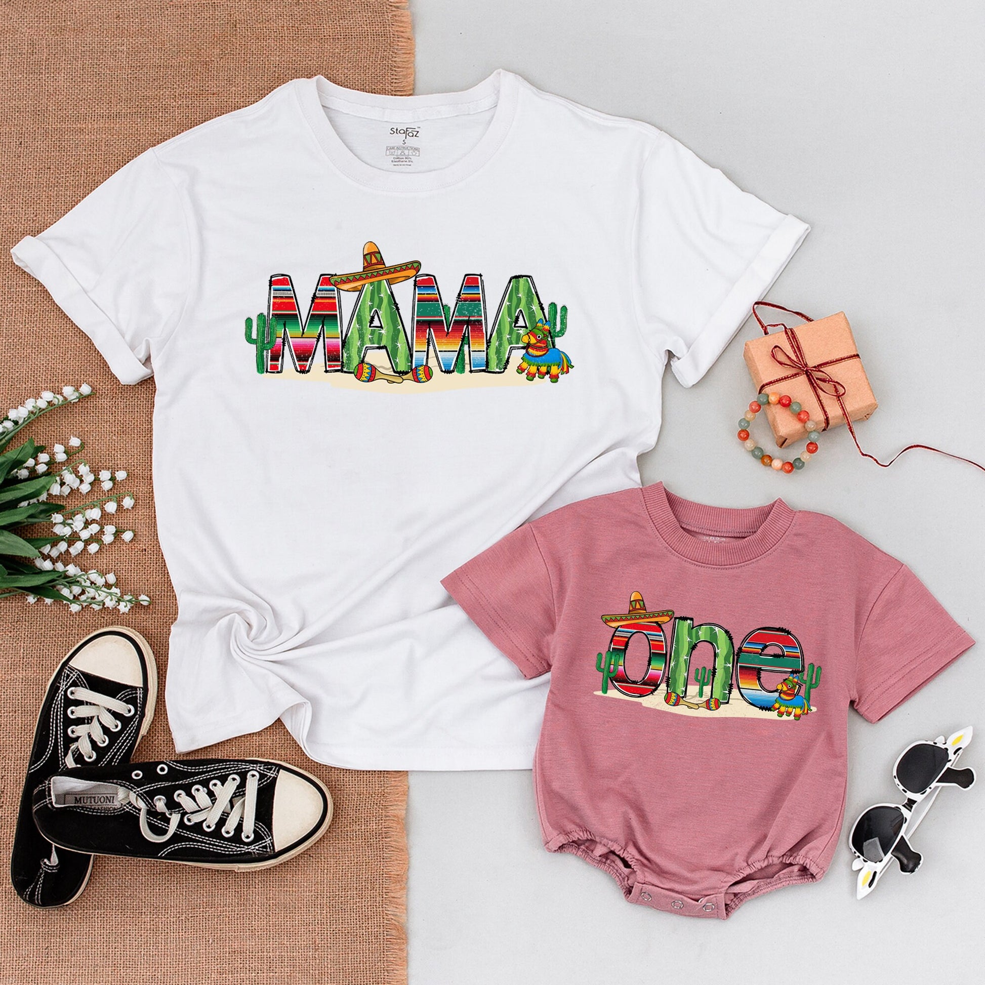 My First Fiesta Birthday Family Matching Outfits with Vibrant Mexican Cacti Pinata Stripe Design Baby One Mama Dada Brother Shirts