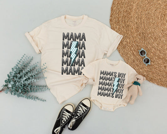 Mama and Mama's Boy Matching Outfits Featuring a Checkered Lightning Bolt Design Modern Mom Son Tee Set Playful Family Baby Shower Gift
