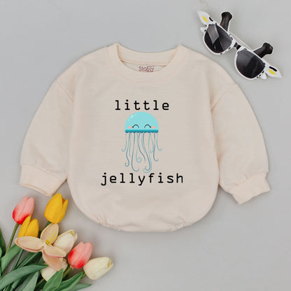 Little Jellyfish Baby Romper Unisex Minimalist Gender Neutral Infant Outfit featuring a cute light blue smiling jellyfish design perfect for baby showers.