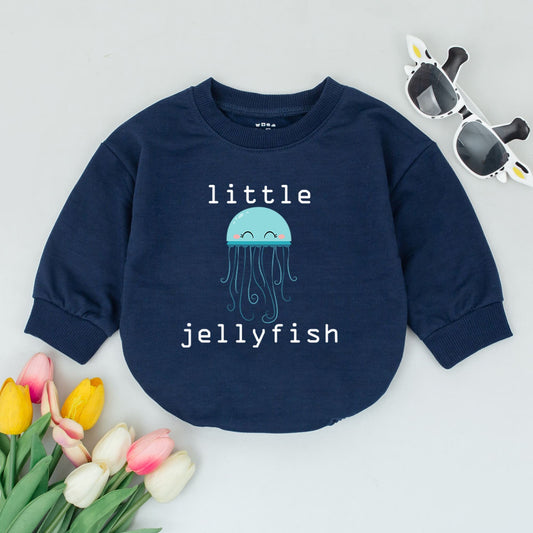 Little Jellyfish Baby Romper Unisex Minimalist Gender Neutral Infant Outfit featuring a cute light blue smiling jellyfish design perfect for baby showers.