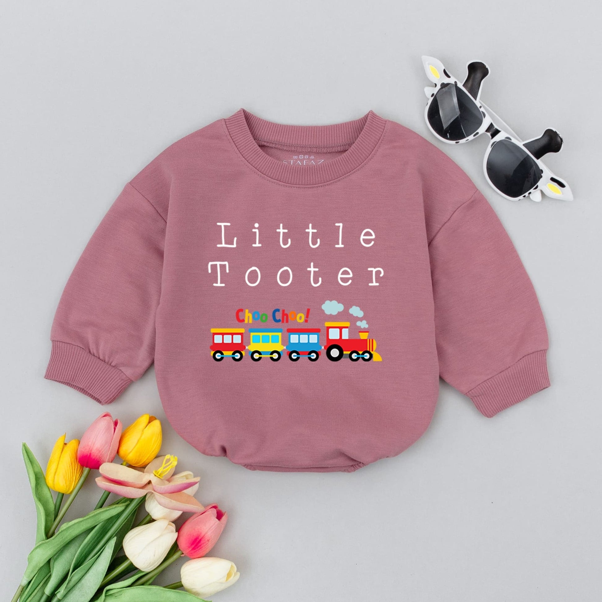 Little Tooter Train Baby Romper Choo Choo Colorful Minimalist Design Infant Outfit Newborn Shower Gift Gender Neutral Boy Girl Bodysuit