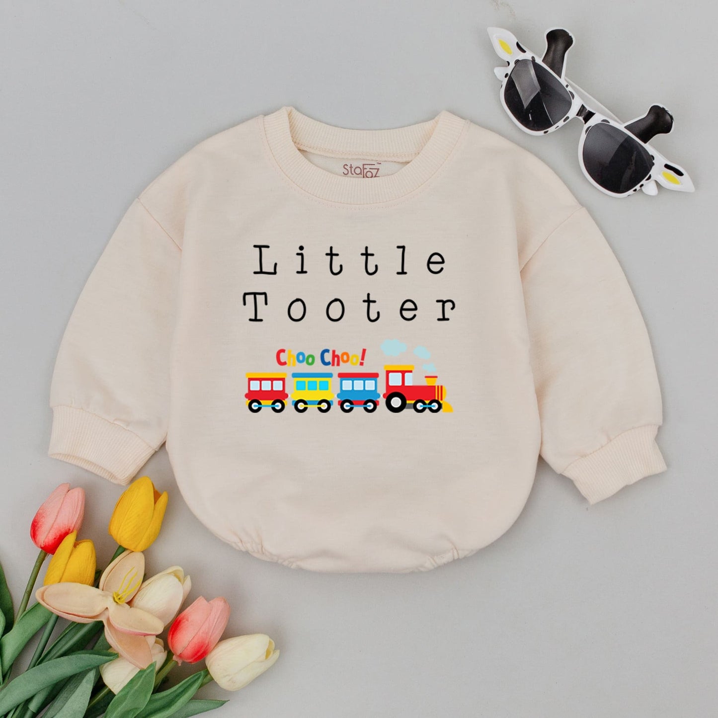 Little Tooter Train Baby Romper Choo Choo Colorful Minimalist Design Infant Outfit Newborn Shower Gift Gender Neutral Boy Girl Bodysuit