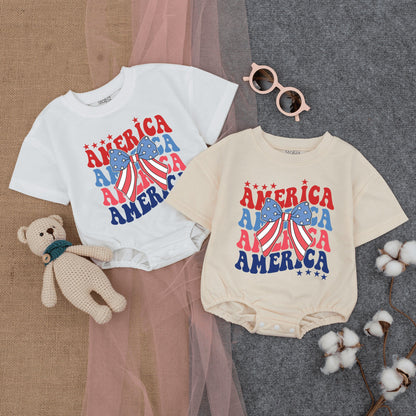 Cute Patriotic America Flag Bow Bubble Romper Short Sleeve Baby Outfit with Retro Design Vintage Stars Fourth of July American Baby Girl Clothes
