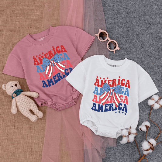 Cute Patriotic America Flag Bow Bubble Romper Short Sleeve Baby Outfit with Retro Design Vintage Stars Fourth of July American Baby Girl Clothes