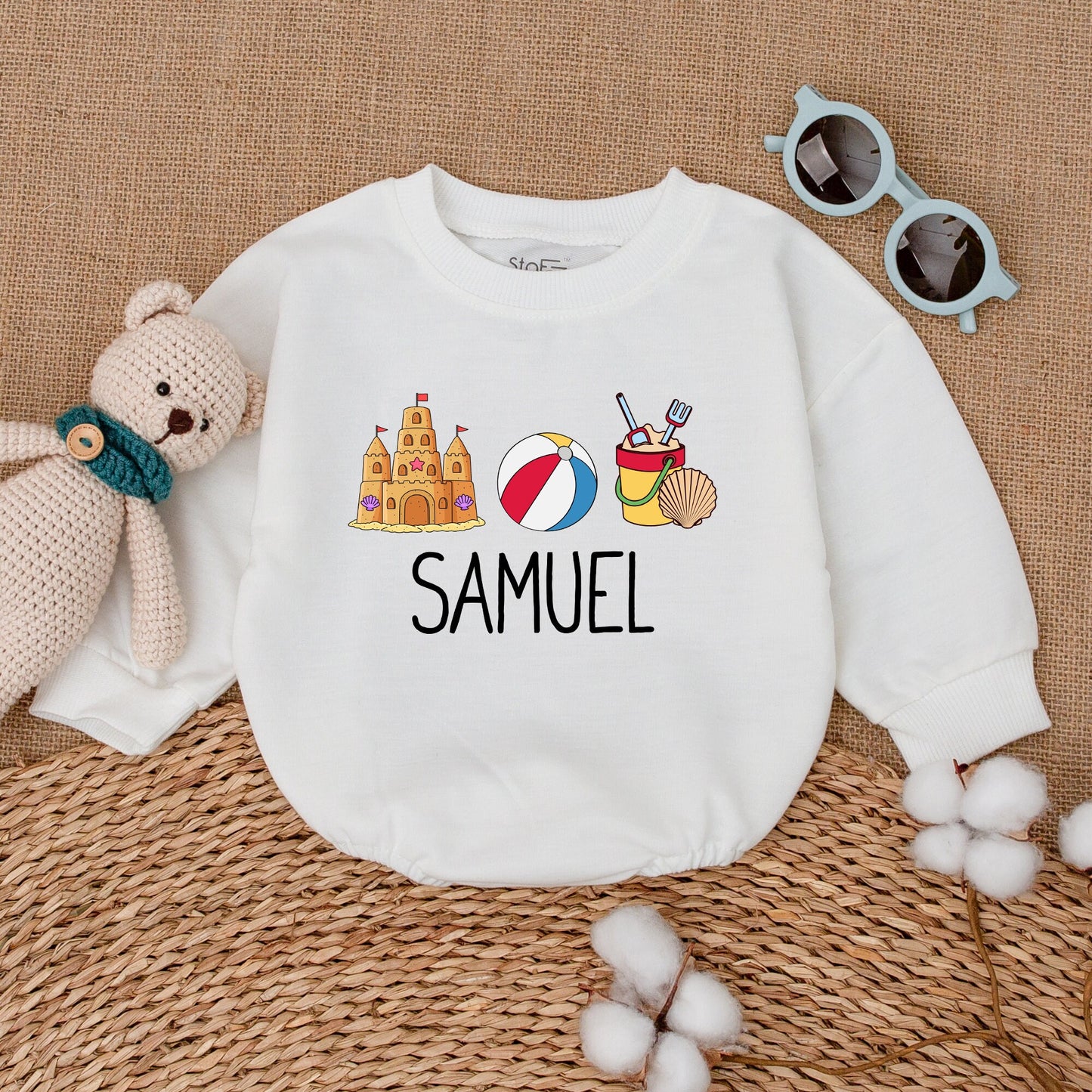 Personalized Retro Beach Bubble Romper Custom Sandcastle Baby Bodysuit Newborn Unisex Summer Vacation Outfit