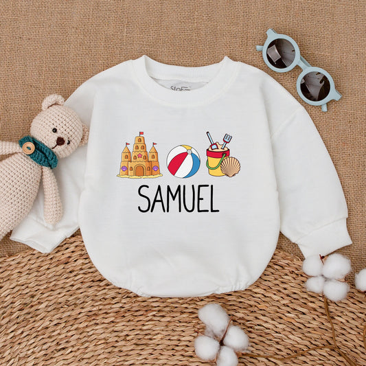 Personalized Retro Beach Bubble Romper Custom Sandcastle Baby Bodysuit Newborn Unisex Summer Vacation Outfit