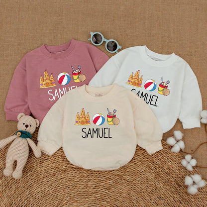 Personalized Retro Beach Bubble Romper Custom Sandcastle Baby Bodysuit Newborn Unisex Summer Vacation Outfit
