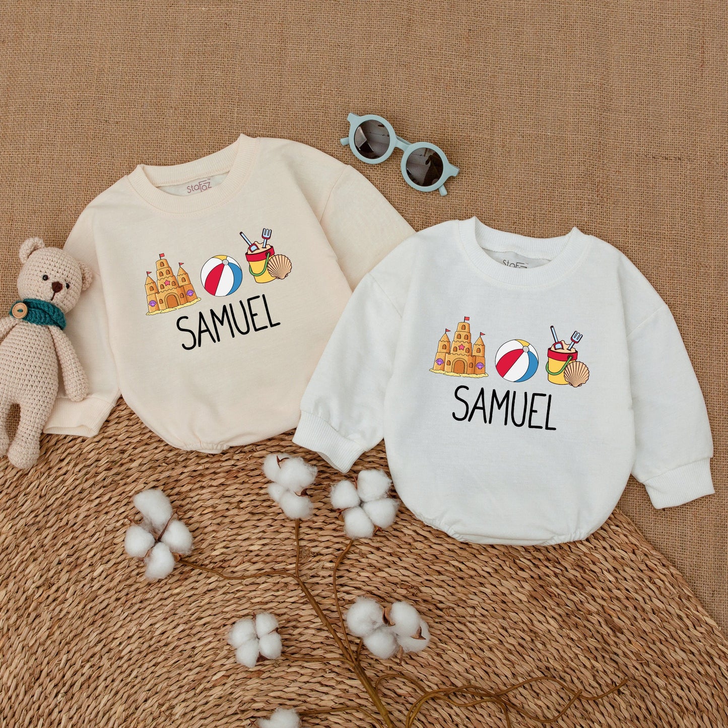 Personalized Retro Beach Bubble Romper Custom Sandcastle Baby Bodysuit Newborn Unisex Summer Vacation Outfit