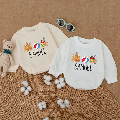 Personalized Retro Beach Bubble Romper Custom Sandcastle Baby Bodysuit Newborn Unisex Summer Vacation Outfit