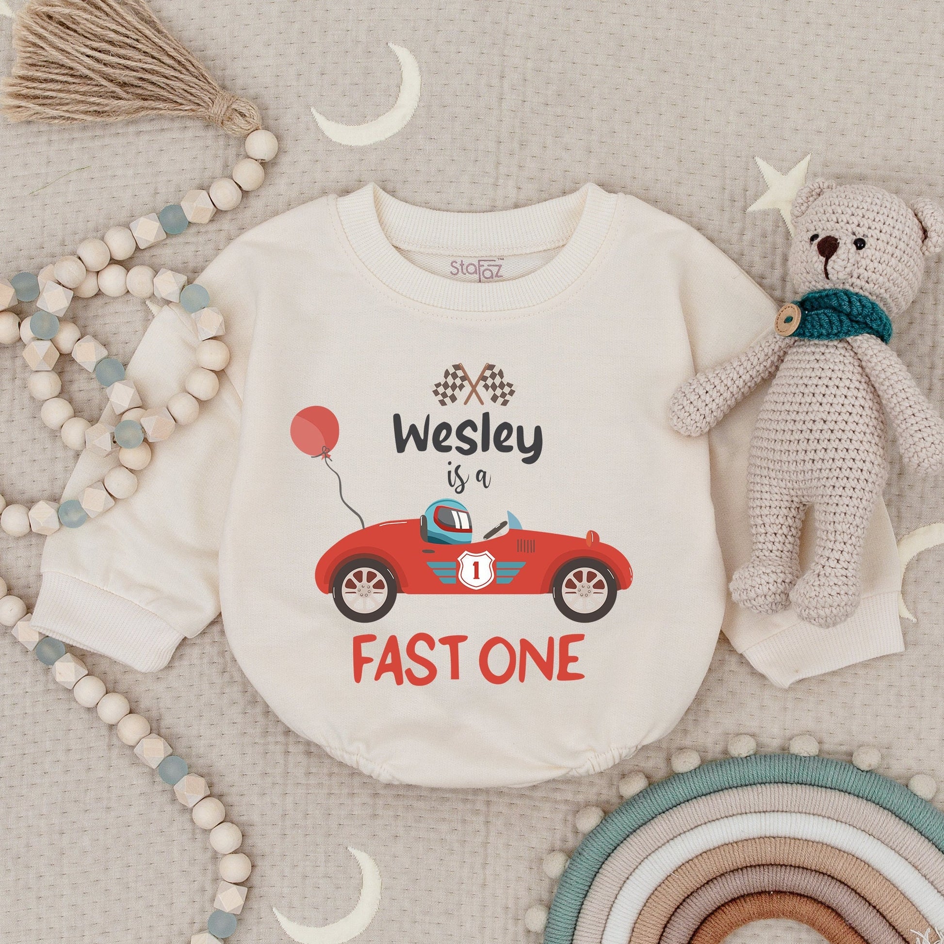 Personalized Fast One Race Car Bubble Romper, Wesley is a Fast One, 1st Birthday Outfit Baby Boy, Racing Birthday, Custom Name, Cheerful Celebration 139